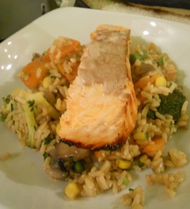 teriyaki salmon on brown rice